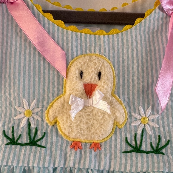 Lil Cactus Blue Seersucker Dress with Chick Appliqué and Pink Bows - Picture 5 of 9